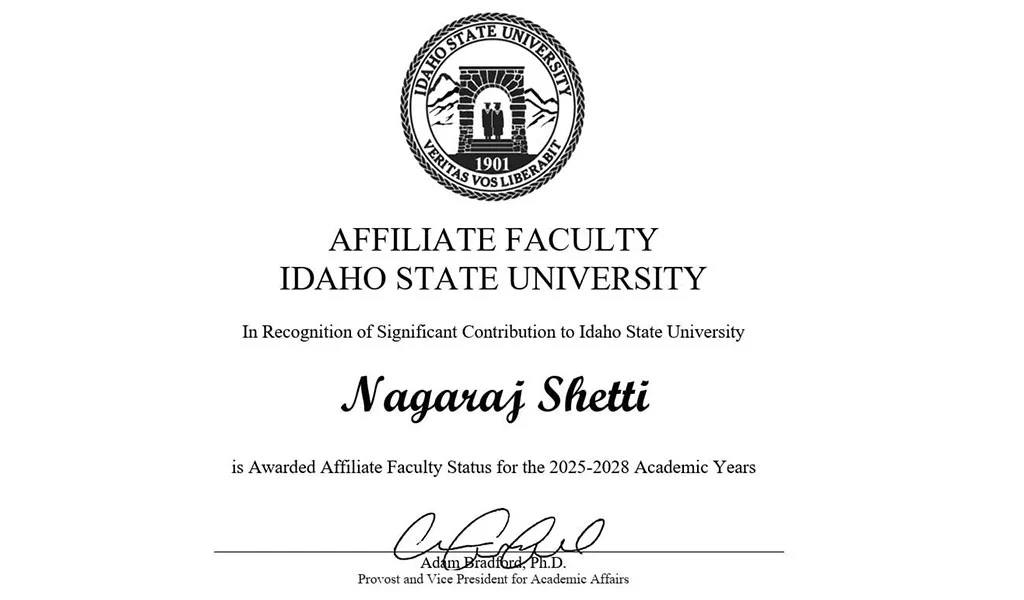 Idaho State University has appointed Nagaraj Shetti as an Affiliate Faculty Member